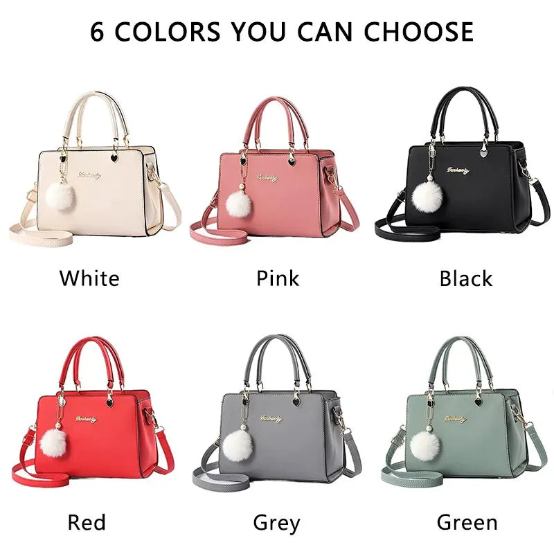 Women Plush Ball Decor Handbag PU Leather Top Handle Shoulder Bags