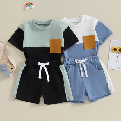 Pudcoco Toddler Baby Boys 2 Piece Outfits Contrast Colors Short Sleeve T-Shirt and Elastic Shorts Summer Clothes Set 0-3T