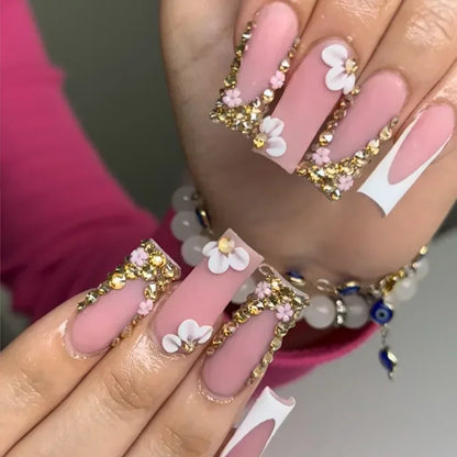 24Pcs White Butterfly False Nails Long Ballet Coffin Pearls with French Design Wearable Fake Nails Full Cover Press on Nail Tips