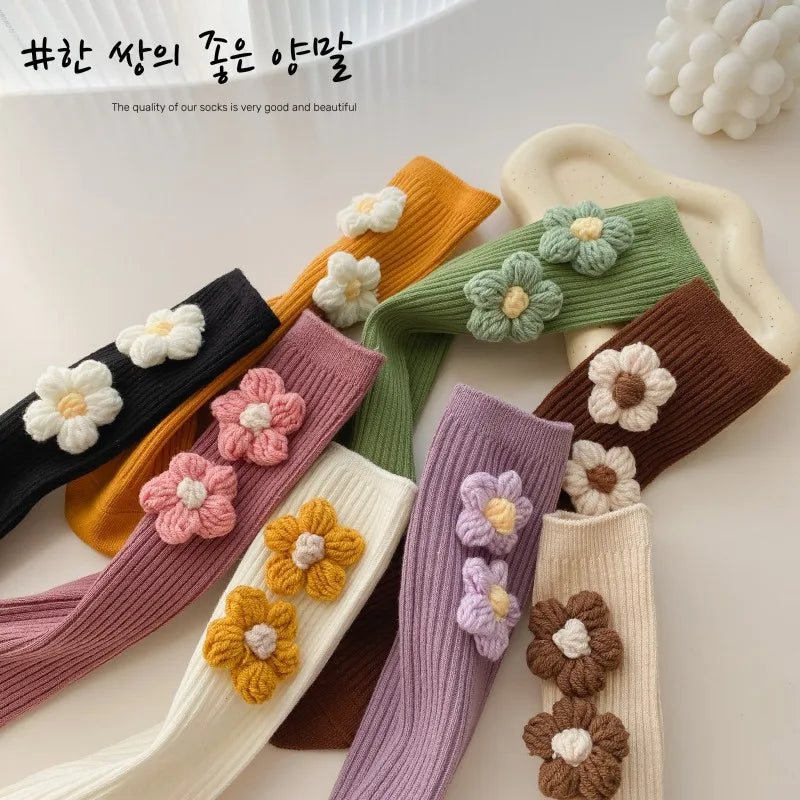 Kids Girls Socks Cotton Flower Knee High Children's Socks For Girls Winter Warm Knitted Baby Stocking Age for 0-7Years