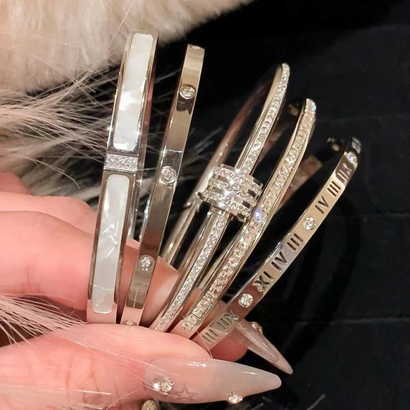 1pc Titanium Steel Silver Bracelet, Fashionable Classic Style, Stainless Steel Bracelet,Inlaid With Zircon,