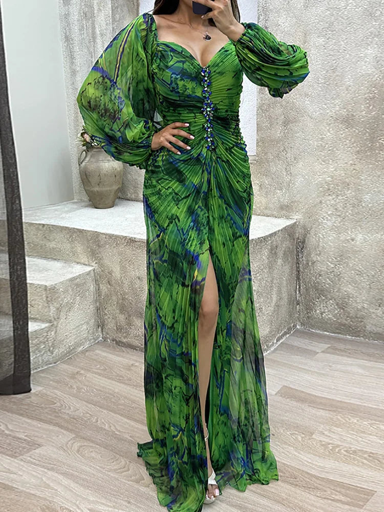 V-Neck Sexy Split Maxi Dress, Long Sleeve Folds Printing Dress