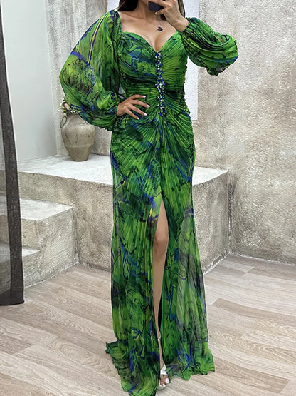 V-Neck Sexy Split Maxi Dress, Long Sleeve Folds Printing Dress