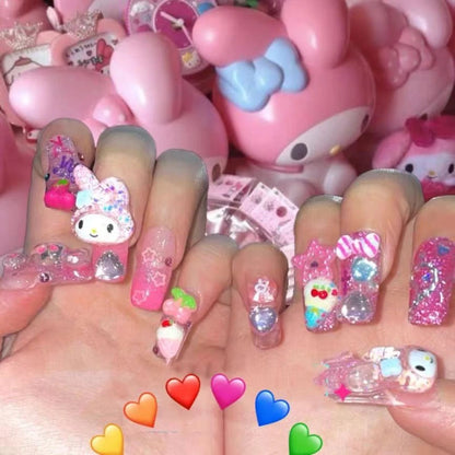 10Pcs Y2k Press on Nails Pink Wearing Nail with Kawaii Sanrios