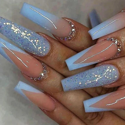 24Pcs Glitter Blue False Nails Long Ballet Fake Nails with Rhinestone Wearable French Press on Nails Wearable Nail Art Tips