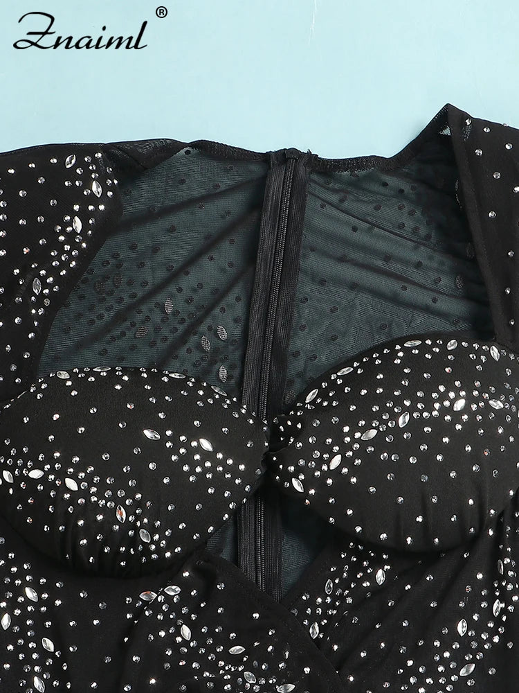 2025 Elegant Evening Sheer Mesh Patchwork Short Dresses Sexy Crystal Rhinestone Celebrity