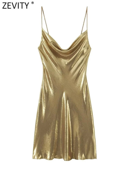 Women Shinning Metallic Color Sling Mini Dress