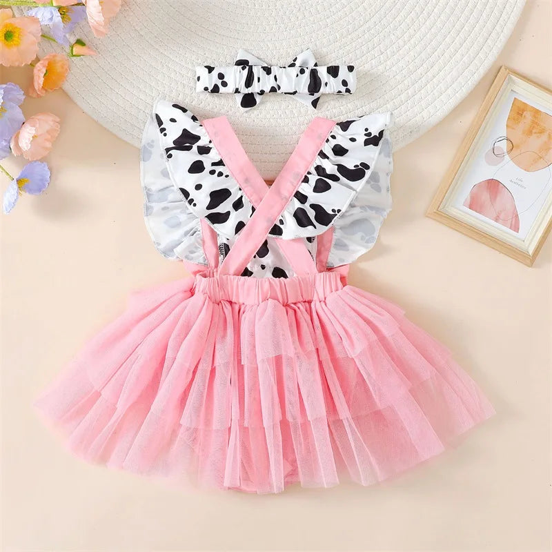 Newborn Baby Girl Pink Cow Print Ruffle Tutu Tulle Romper Dress Princess Birthday Western Cowgirl Summer Outfit
