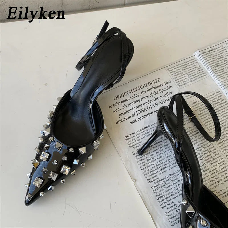 Newly Design Rivet Pointed Toe Women Pumps Sandals Sexy Buckle Strap Strippers Party High Heels