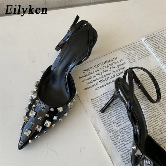 Newly Design Rivet Pointed Toe Women Pumps Sandals Sexy Buckle Strap Strippers Party High Heels
