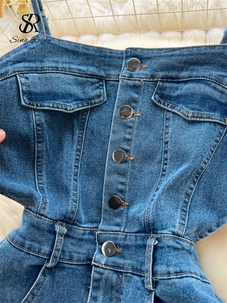 SINGREINY Chic Denim Dress High Quality Sleeveless Buttons Pockets Raw Split Design Women Summer Vintage Strap Dress
