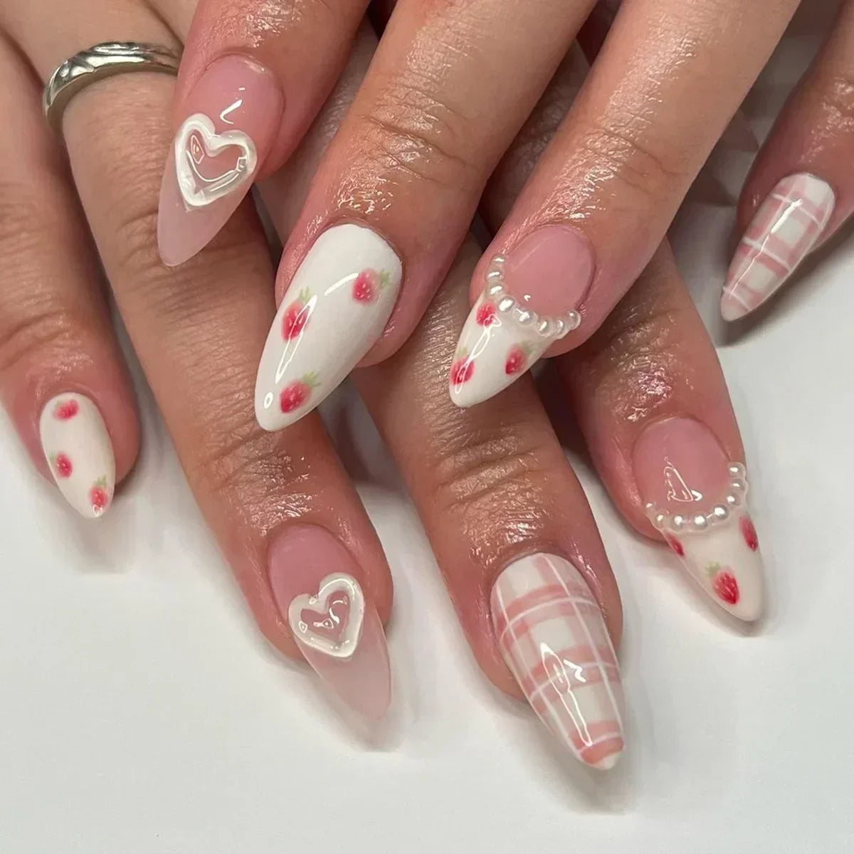 24Pcs Pink Almond French Press on Nails With 3D Bow ripple charms Design Fake Nails Ballerina False Nails Full Cover Nail Tips