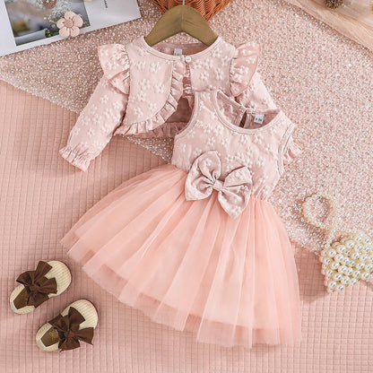 Baby Dresses Birthday Party Costume Pink Jacquard Cardigan Coat and Lace Butterfly Dress For Girls Newborns Infants Clothes
