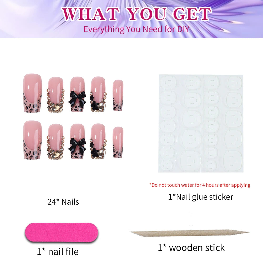 24pcs long square nail, flash diamond jewelry, black ribbon decoration, leopard print fake nail black flower press On nail