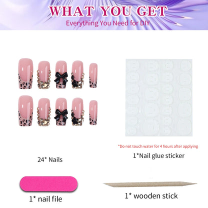 24pcs long square nail, flash diamond jewelry, black ribbon decoration, leopard print fake nail black flower press On nail