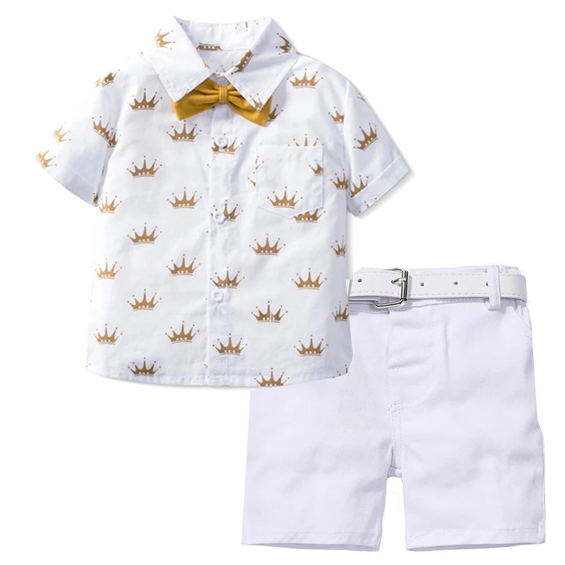 Boys Sets Clothing Summer Crown Print Polo T-Shirt White Shorts Yellow Bowtie Children's Clothing For Boy Kids Clothes Boys