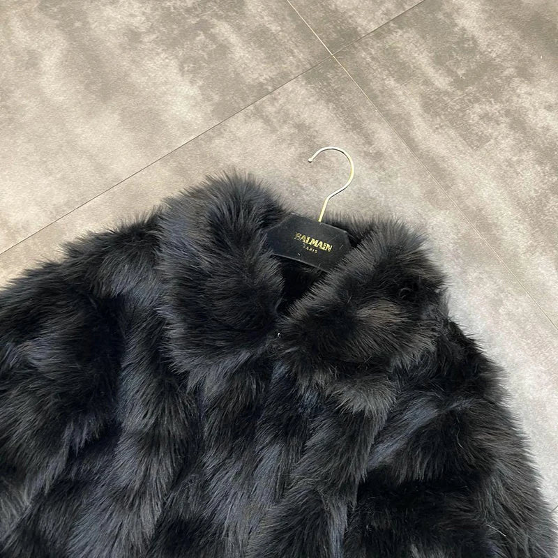 Winter Women Cotton Jacket Lapel Long Sleeve Patch Cross Short Fur Coat Black