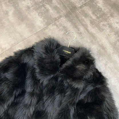 Winter Women Cotton Jacket Lapel Long Sleeve Patch Cross Short Fur Coat Black