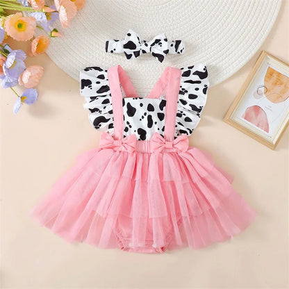 Newborn Baby Girl Pink Cow Print Ruffle Tutu Tulle Romper Dress Princess Birthday Western Cowgirl Summer Outfit