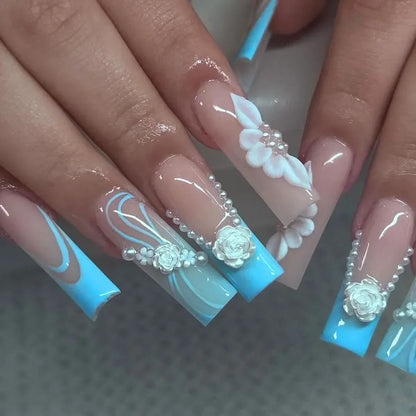 24Pcs White Butterfly False Nails Long Ballet Coffin Pearls with French Design Wearable Fake Nails Full Cover Press on Nail Tips