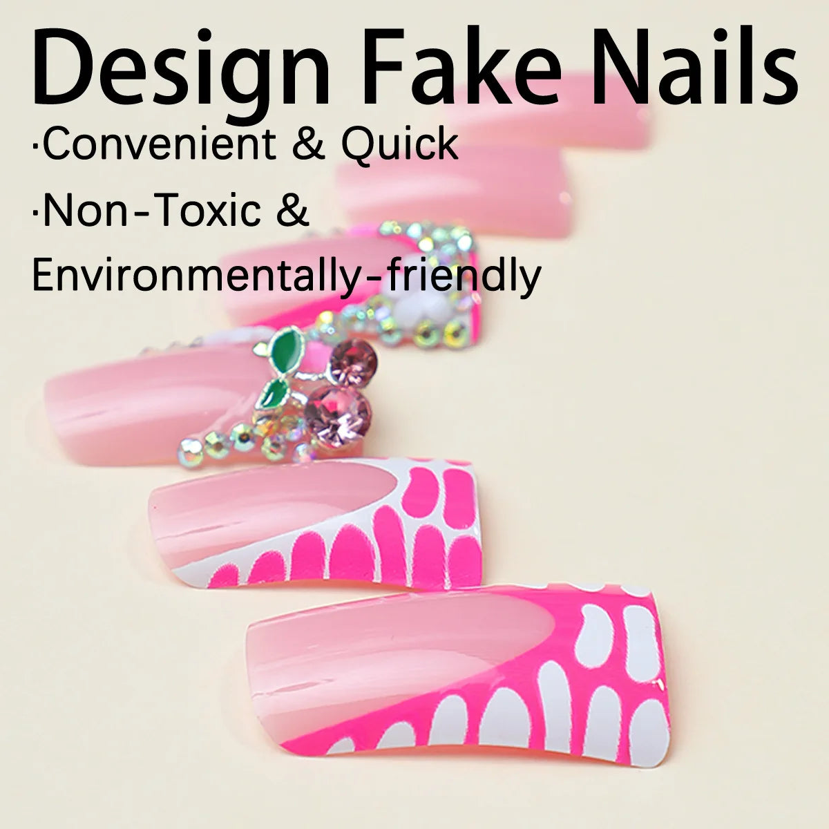 24Pcs French Fake Nails Pink Rhinestone Design False Nail Duckbill Shaped Wearable Manicure Full Cover  Press on Nails for Women