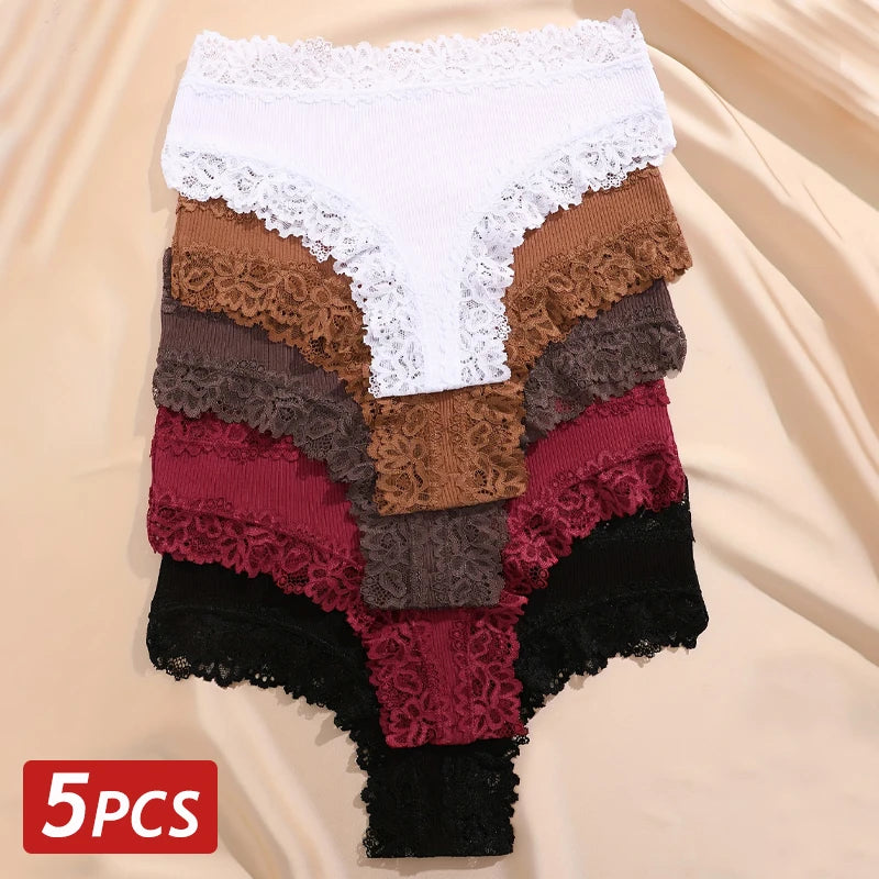 5PCS/Set Women Cotton Panties Sexy Lace Brazilian Panties Low Waist Elastic Thongs Female Comfortable Underwear Solid Color S-XL