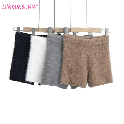 Spring Autumn Sexy Women High Waist Hip Lift Shorts Furry Mohair Knitting Tight Shorts Female