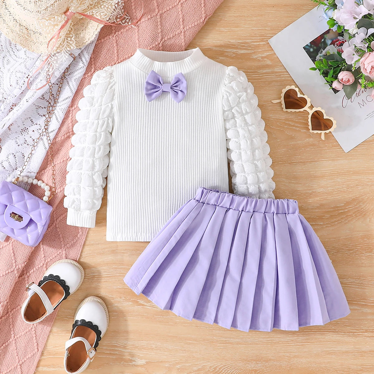 3 Colors Fashion Kids Girls Fall Clothes Sets 3-8Y Long Puff Sleeve Bow Front Tops + Pleated Skirt 2PCS