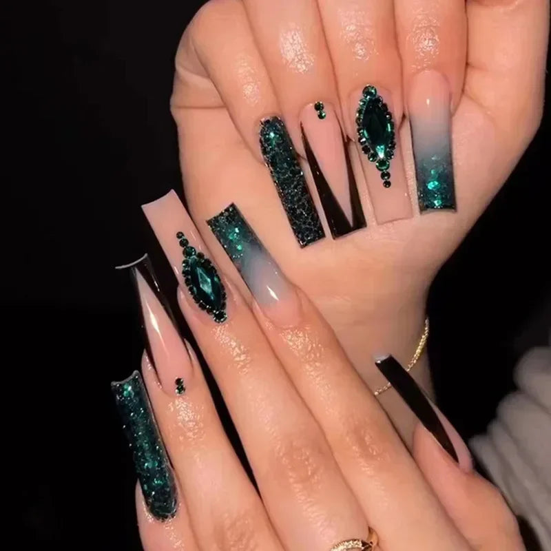 24Pcs Gradient Long Coffin False Nails with Green Rhinestones Design Black Square French Full Cover Press on Nail Tips for Girls