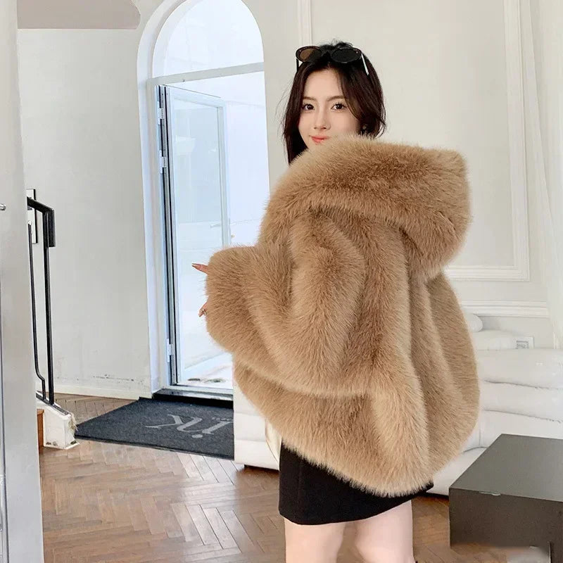 Fur Imitation Fox Hair Hooded Jacket Women's Korean Premium Furry Warm Jacket Women