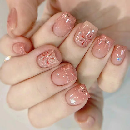 24Pcs Wearable French Fake Nails with Glue Simple Square False Nail Pink Short Detachable Press on Nail Tips Nude Manicure