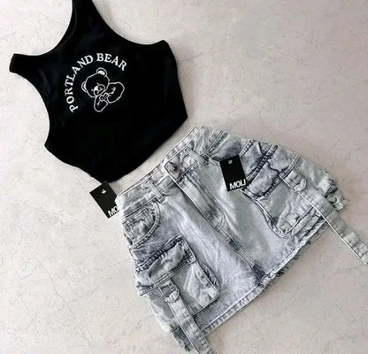 Korean sweet style suspender top two-piece set with low waist and spliced sexy slim casual