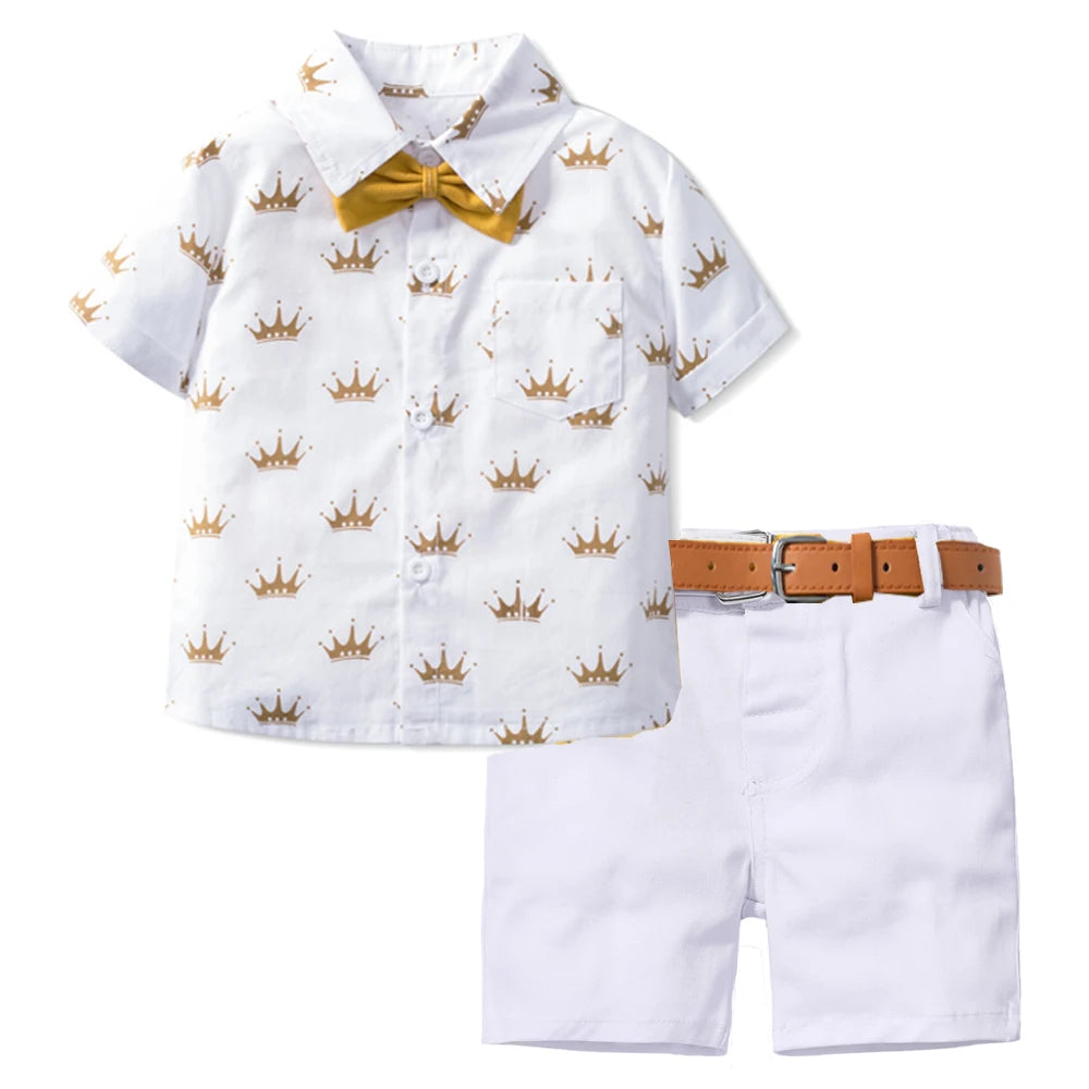 Boys Sets Clothing Summer Crown Print Polo T-Shirt White Shorts Yellow Bowtie Children's Clothing For Boy Kids Clothes Boys