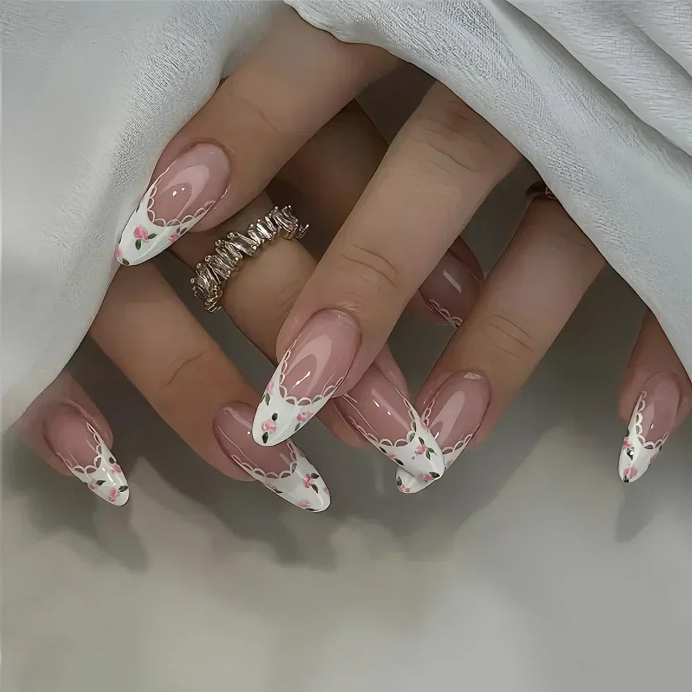 24Pcs Almond False Nails Cute Strawberries with French Design Simple White Wearable Fake Nails Decoration Press on Nail Tips Art
