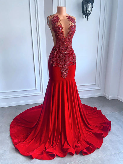 Long Prom Dresses Luxury Sparkly Beaded Diamond Sexy Mermaid Sheer Top Red Velvet Prom Gala Gowns