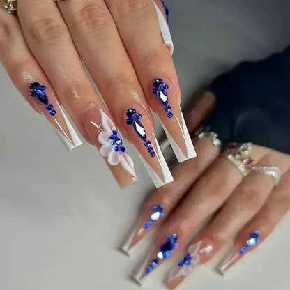 24Pcs White French False Nails Long Coffin Flower Butterfly with Rhinestones French Design Wearable Fake Nails Press on Nails