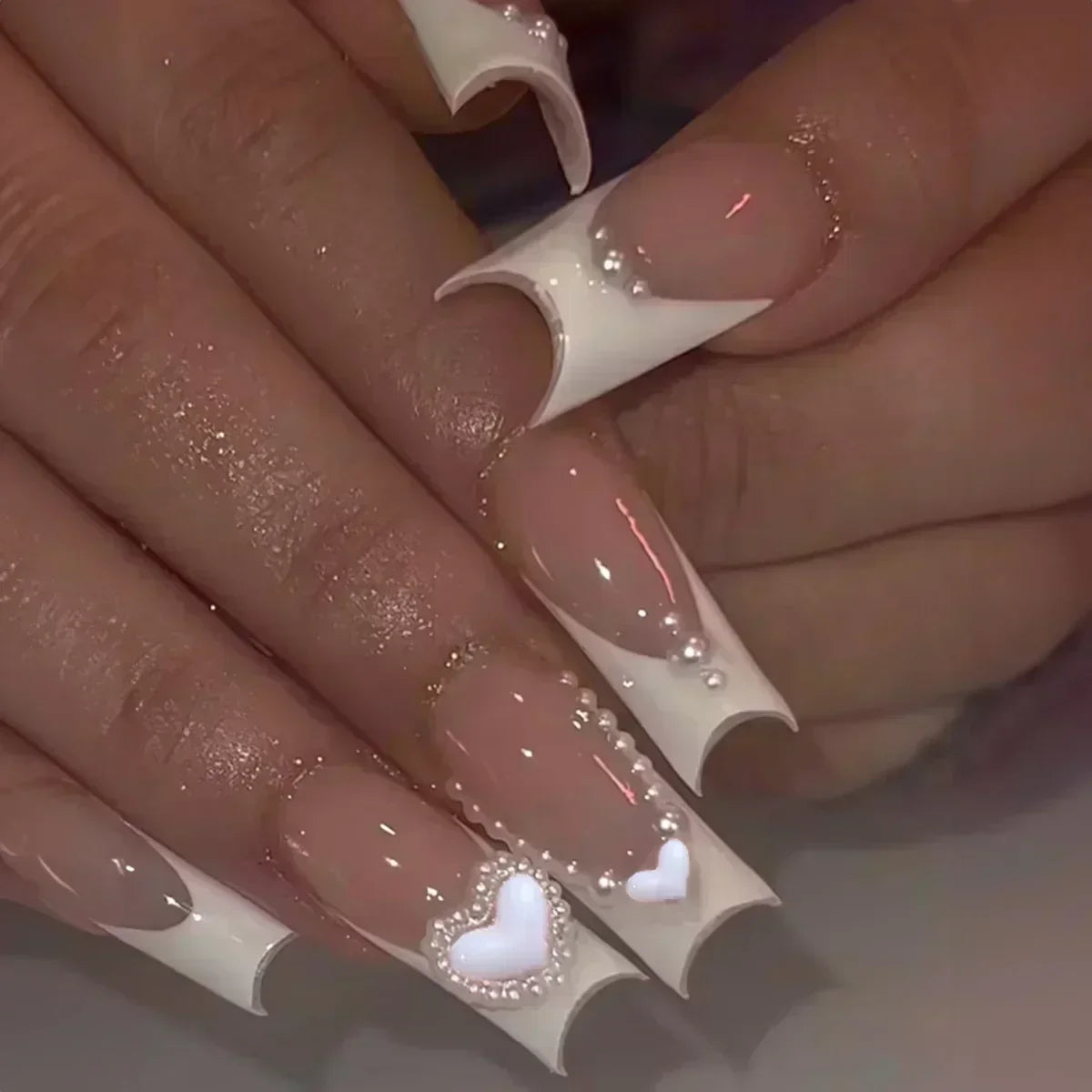 24Pcs Long Ballerina False Nails Press on Nails Serpentine Flower with Rhinestones French Fake Nails Wearable White Nail Tips