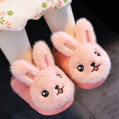 New Winter Rabbit Girls Cotton Slippers Cute Cartoon Anti Slip Soft Bottom Boys Plush Slippers Fashionable Warm Baby Strap Boots