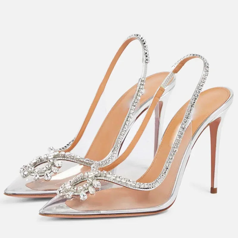 Silver Crystal PVC Transparent Women Pumps Elegant Party Wedding Thin Heels Sandals