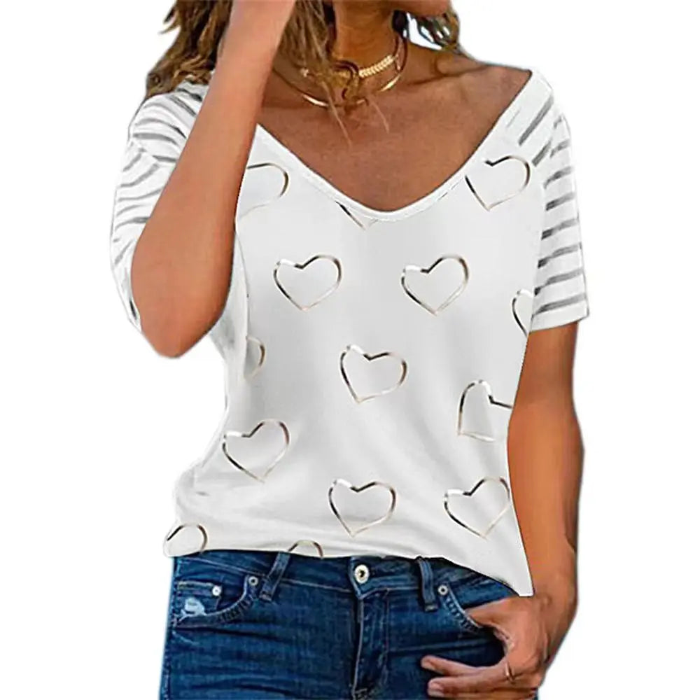 V Neck T-shirts Short Sleeve Tops Tees Heart-Shaped Graphics