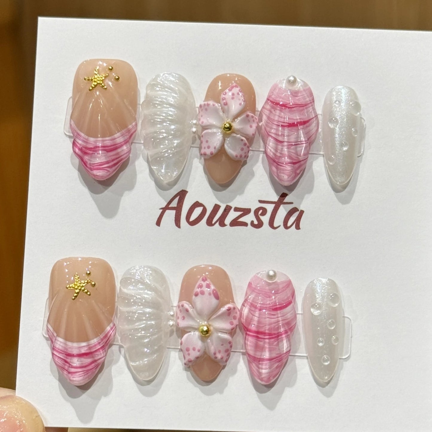 10pcs Handmade Press On Nails 3D Carving Flower Shells False Nails