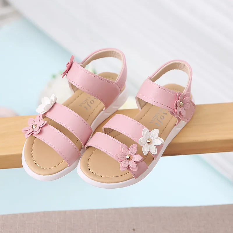 New Girls Sandals Kids Floral Sandals with 3 Flowers Princess Sweet