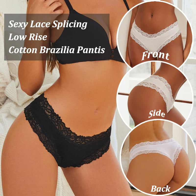 5PCS/Set Women Cotton Panties Sexy Lace Brazilian Panties Low Waist Elastic Thongs Female Comfortable Underwear Solid Color S-XL