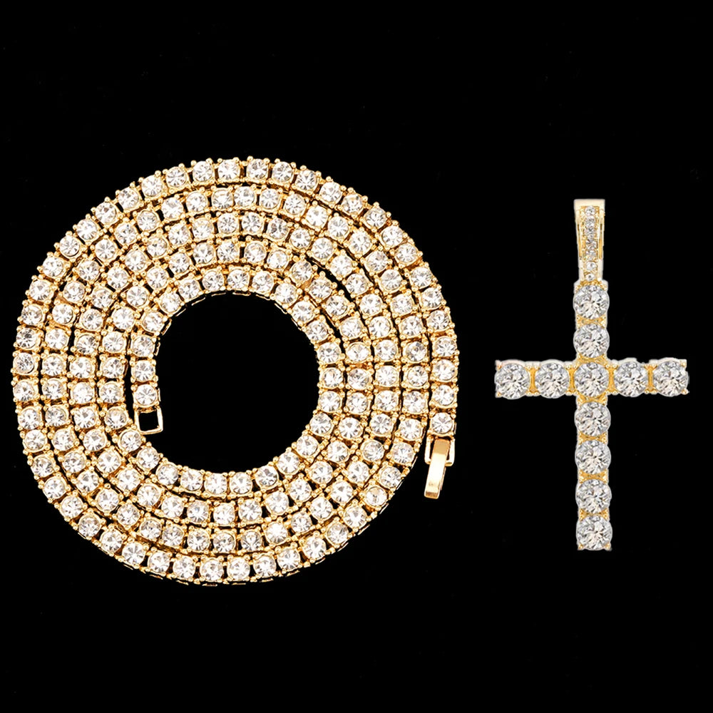 Hip Hop Iced Out Cross Pendant Necklace Strap 4mm Zircon Tennis Chain