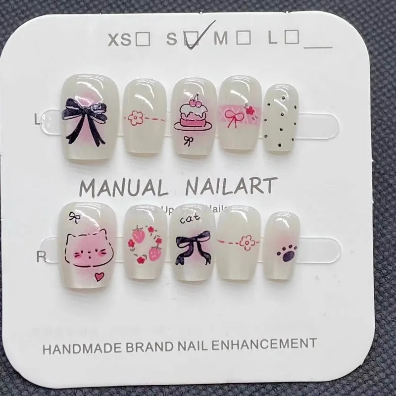 10Pcs Korean Press on Nails Strawberry Cake Summer