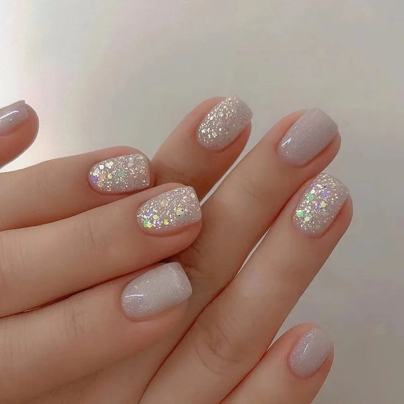 24pcs Short Square False Nails Glitter Flower Wave French Fake Nails Manicure Full Cover Detachable Nail Tips Press on Nails