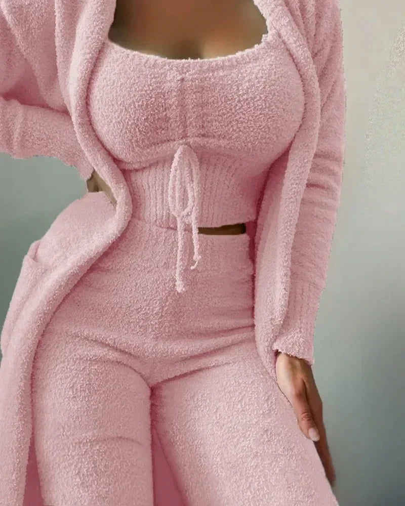 2024 New Autumn Winter Women's Velvet Pajamas Set Crop Top+Long Pants+Coat 3 Pieces Suit Warm Soft Fleece Homewear Pyjamas S-3XL