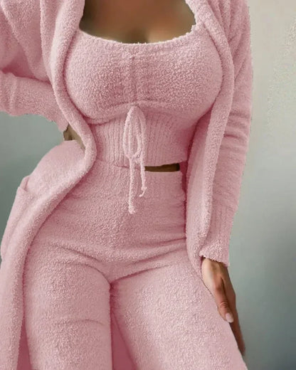 2024 New Autumn Winter Women's Velvet Pajamas Set Crop Top+Long Pants+Coat 3 Pieces Suit Warm Soft Fleece Homewear Pyjamas S-3XL
