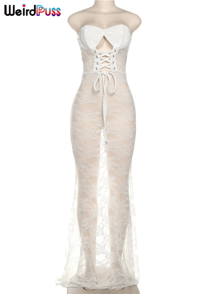 Weird Puss Sexy Party Dress Women Mesh Patchwork Strapless Shirring Hollow Coquette Banquet Elegant Summer Trend Maxi Bodycon