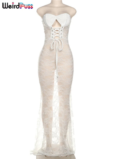Weird Puss Sexy Party Dress Women Mesh Patchwork Strapless Shirring Hollow Coquette Banquet Elegant Summer Trend Maxi Bodycon